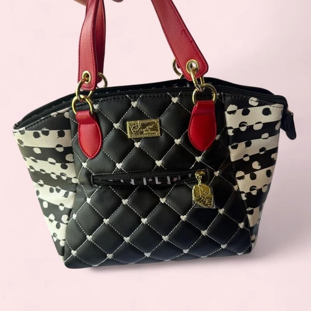 Luv Betsey Johnson Quilted Heart Satchel Bag Black White Red Polka Dot Striped